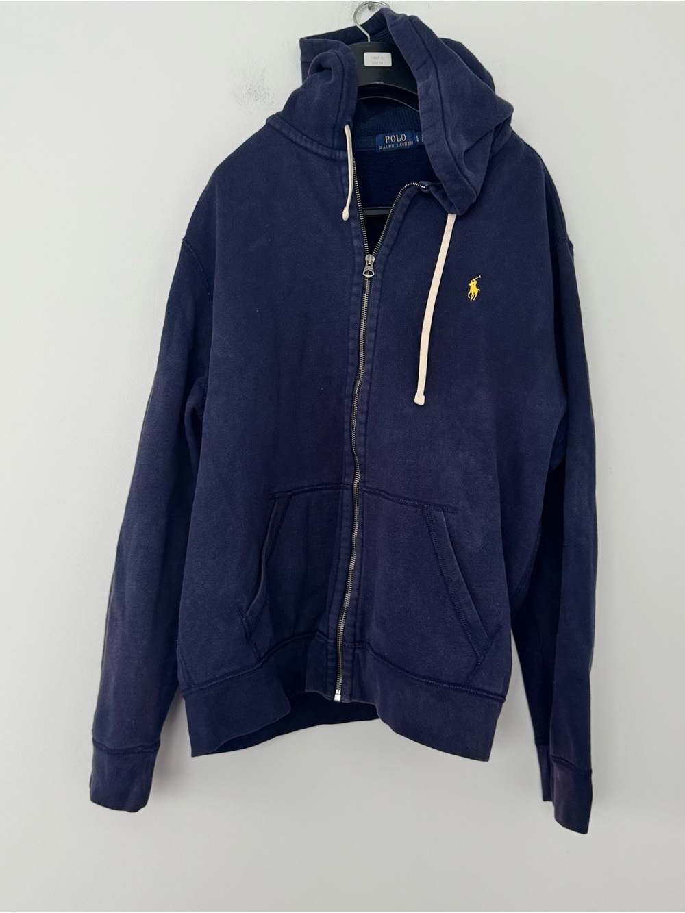 Polo Ralph Lauren Zip Up Hoodie Fleece Men L Navy Blue Sun Faded Yellow Pony